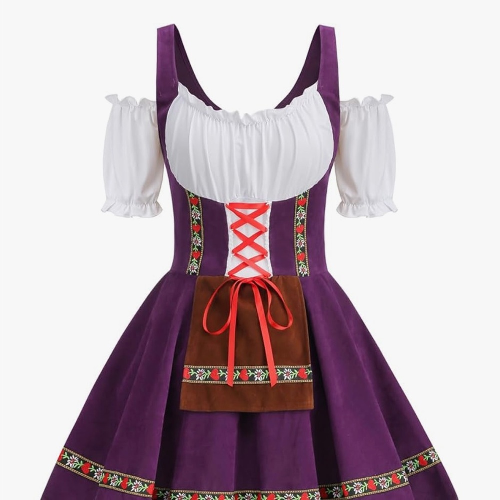 Purple and White Dirndl Dress with Red Accents